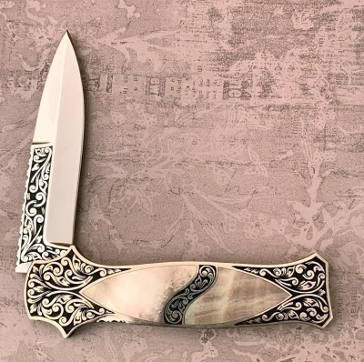 Harvey McBurnette Engraved Black Lip Pearl Lockback - 2