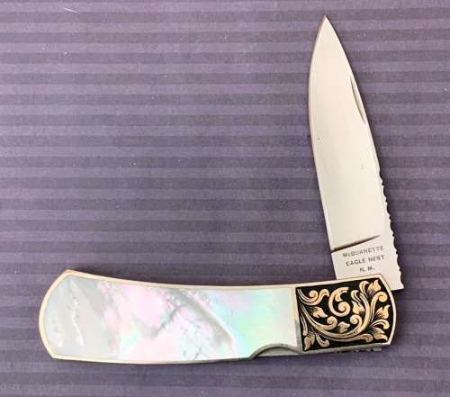 Harvey McBurnette Eagle Nest Gold Engraved Pearl Lockback
