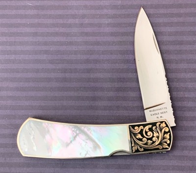 Harvey McBurnette Eagle Nest Gold Engraved Pearl Lockback