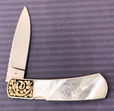 Harvey McBurnette Eagle Nest Gold Engraved Pearl Lockback - 2