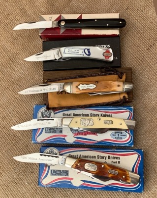 Five folders; Schrade, Bluegrass, J.A. Henckels, & Boker
