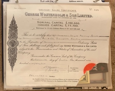 George Wostenholm & Son Limited Ordinary Shar Certificate