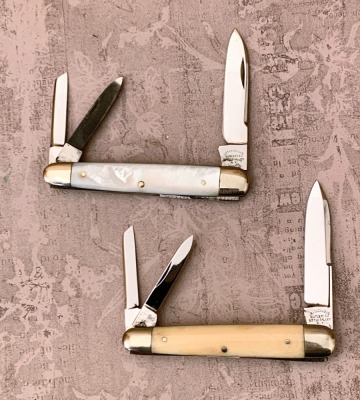 Cattaraugus Exhibition Matching Pair of Bone and Pearl Sleeveboard Whittlers