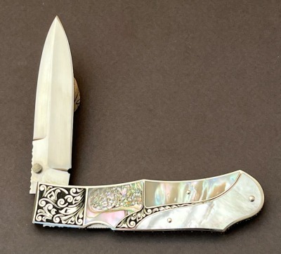 Harvey McBurnette Eagle Nest Pearl and Abalone Engraved Lockback - 2
