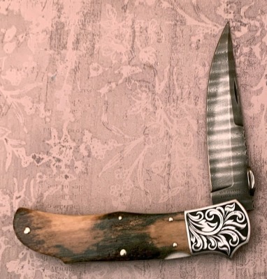 Harvey McBurnette Eagle Nest Damascus & Mastodon Engraved Lockback
