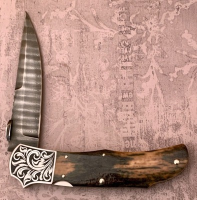 Harvey McBurnette Eagle Nest Damascus & Mastodon Engraved Lockback - 2