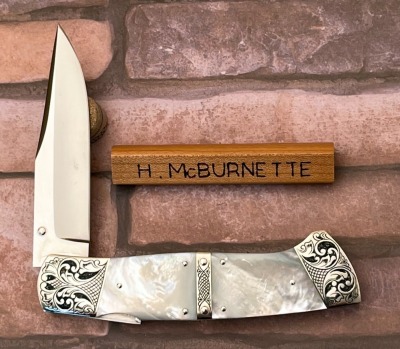 Harvey McBurnette Engraved Pearl Lockback - 2