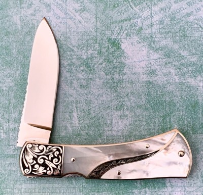 Harvey McBurnette Eagle Nest Pearl Engraved Lockback - 2