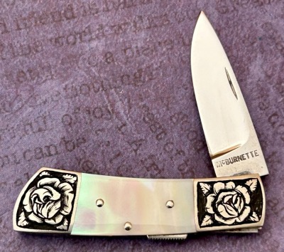 Harvey McBurnette Miniature Engraved Pearl Lockback