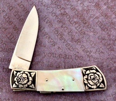 Harvey McBurnette Miniature Engraved Pearl Lockback - 2