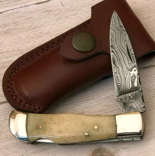 Handmade Bone Damascus Lockback
