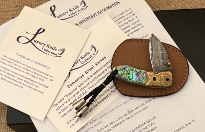 Luxury Knife Collection Damascus and Abalone Locking Liner