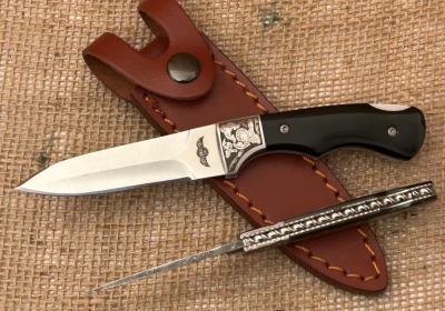 The One Push Dagger and a Handmade Damascus Lockback - 3