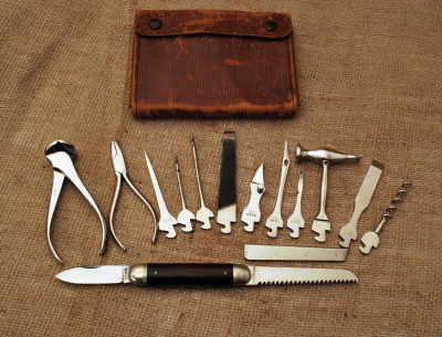 D.R.G.M. marked German 15 piece fancy cased tool kit