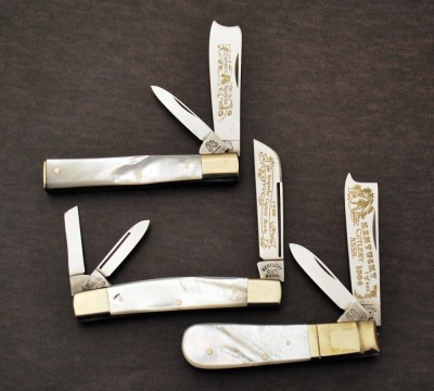 Three pearl Fight'n Rooster knives