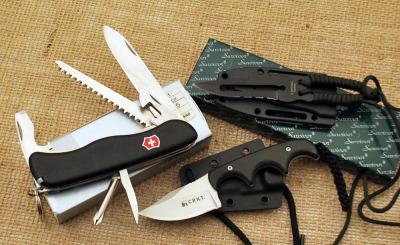 Trio of knives, CRKT Minimalist, Victorinox Forester, and Survivor Neck Knife