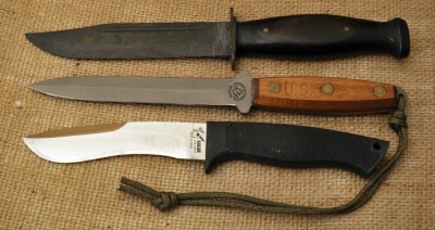 Three fixed blade, KA-BAR fighting knife, Ek Commando pig sticker, and Blackjack hunter size kukuri, near mint/mint, no sheath