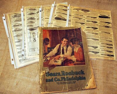 Sears Roebuck 1924-25 cutlery section, pages pulled out and individually placed in plastic sleeves ready to go into a ring binder.