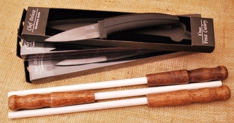 Three Frost Cutlery Paring Knives and Three Ceramic Sharpening Rods