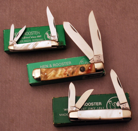 Trio of Hen and Rooster Knives-2 pearl whittlers