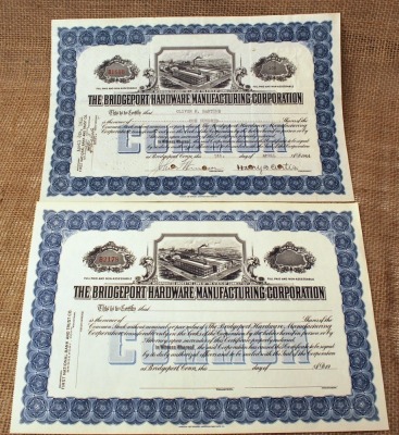 2 Bridgeport Hdw. Mfg. Corp Stock Certificates