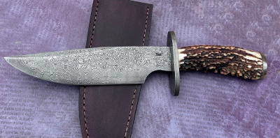 STEK Damascus Stag Bowie--Damascus guard and pommel