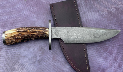 STEK Damascus Stag Bowie--Damascus guard and pommel - 2