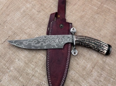 Stek (Craig Steketee) Damascus Stag Bowie--Twisted Damascus guard