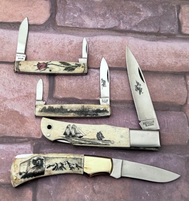 4 Parker & American Blade Scrimshawed folders