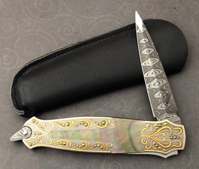 Warren Osborne Damascus Art knife, J. Warenski engraving