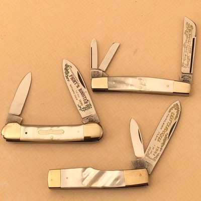 Three Fight'n Rooster Pearl Club Knives