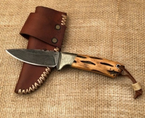 Damascus Drop Point Wood Handle Hunter