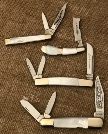 Parker Pearl Lockback whittler, razor, pillbuster and Chickamauga whittler