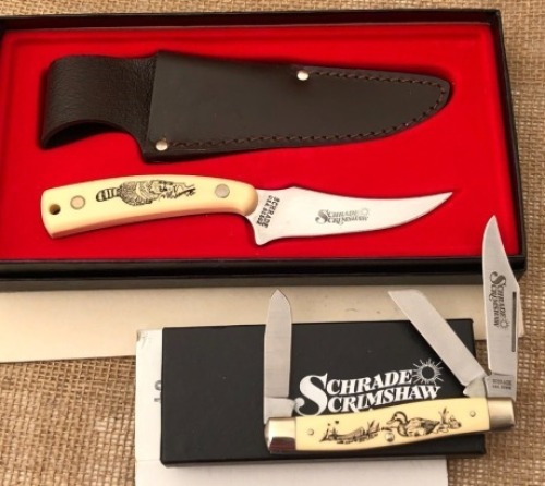 Pair of Schrade Scrimshaw White Delrin Handle
