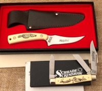 Pair of Schrade Scrimshaw White Delrin Handle