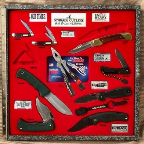 Schrade Cutlery Display With 9 knives and a keychain
