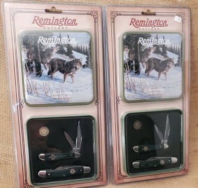 Two Remington Timberwolves Knife & Tin Collector Set