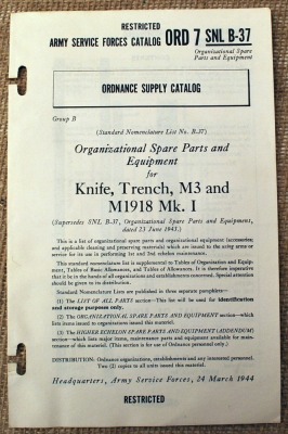 Army Service Forces Catalog for Trench Knife M3 and M1918 MK I