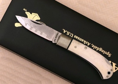 AG Russell Bone Handle Damascus Lockback