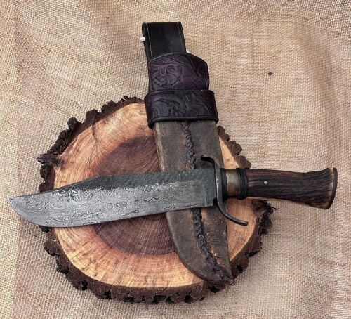 Dan Winkler Damascus Forged Bowie with Karen Shook Sheath