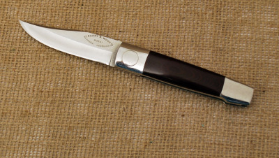 Barry Wood butterfly folder, maroon micarta handles, 4 1/4" closed, has been sharpened so near mint.