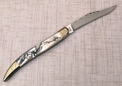 Fight'n Rooster Etched Pearl Texas Toothpick with Engraved Bolsters - 2