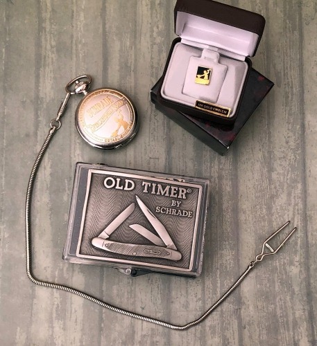 Schrade Pocket Watch, Schrade Metal Belt Buckle and a Lapel Pin