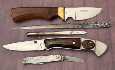 Windfield Wood Hunter, Fury Lockback, Vernon's K Knives pen knife, Robeson Letter Opener, and a Bonsa Germany Metal Two Blade