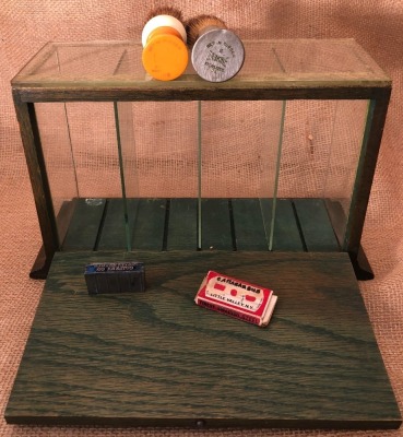 Glass Display with Two Shave Brushes, Cattaraugus razor blades and Cattaraugus Metal stamp - 2