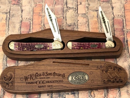 Case Family Traditions Mint Purple Bone Copperlock Set in Copperlock Shaped Wood Box