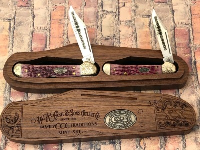 Case Family Traditions Mint Purple Bone Copperlock Set in Copperlock Shaped Wood Box
