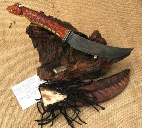 Daniel Winker Damascus Red Dragon Carved Handle