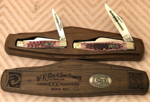 Case Family Traditions Mint Purple Bone Stockman Set in Stockman Shaped Wood Box