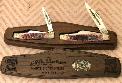 Case Family Traditions Mint Purple Bone Stockman Set in Stockman Shaped Wood Box